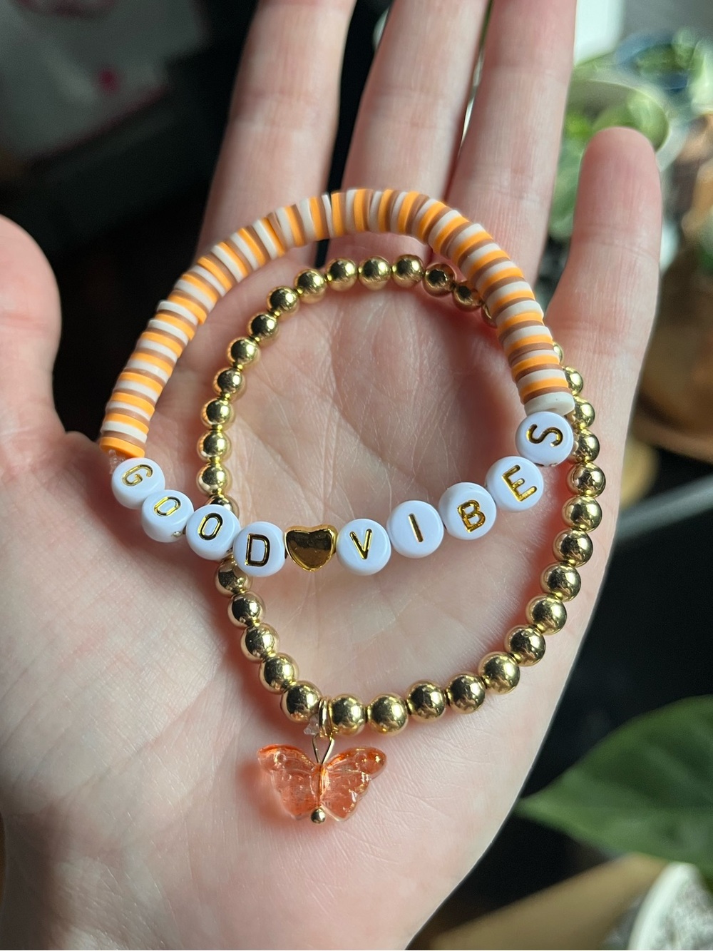 Hand Crafted Good Vibes Orange & Gold Beaded Bracelet Set 🧡🤎🤍